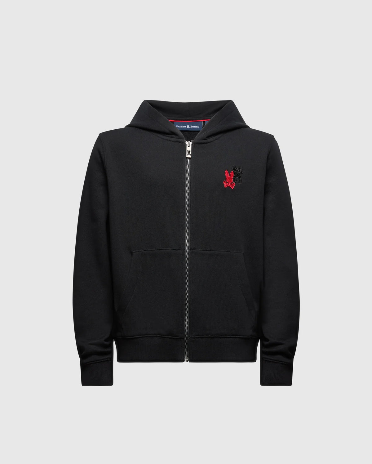 The Psycho Bunny Kids Pierce Essential French Terry Zip Hoodie (Product Code: B0H269E200) comes in black and is designed with convenient pockets. It features a small red emblem of a stylized animal on the chest, providing comfortable wear for everyday use.