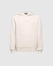 The KIDS NORA CLASSIC FRENCH TERRY HOODIE by Psycho Bunny showcases stylish chest text, a front kangaroo pocket, and an embroidered logo on a cream backdrop. Made from soft French terry fabric for comfort and durability.