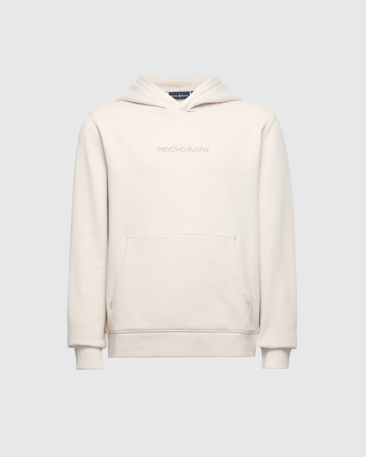 The KIDS NORA CLASSIC FRENCH TERRY HOODIE by Psycho Bunny showcases stylish chest text, a front kangaroo pocket, and an embroidered logo on a cream backdrop. Made from soft French terry fabric for comfort and durability.