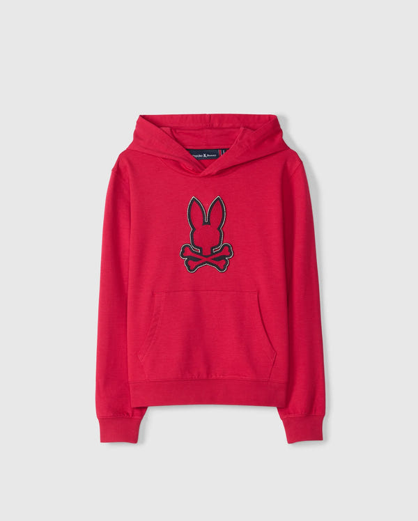 The KIDS WALTER LIGHTWEIGHT HOODIE - B0H476D200 by Psycho Bunny features a red design with a front pocket and a prominent black emblem of a bunny head and crossbones centered on the chest. Made from Micro French terry, it includes a drawstring hood, ribbed cuffs, and hem. This modern twist on a classic design stands out against the plain white background.