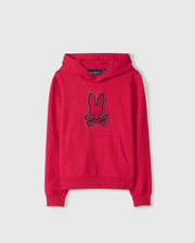 The KIDS WALTER LIGHTWEIGHT HOODIE - B0H476D200 by Psycho Bunny features a red design with a front pocket and a prominent black emblem of a bunny head and crossbones centered on the chest. Made from Micro French terry, it includes a drawstring hood, ribbed cuffs, and hem. This modern twist on a classic design stands out against the plain white background.