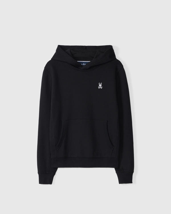 Introducing the KIDS LEVY FLEECE HOODIE - B0H859D200 by Psycho Bunny: a regular fit black hoodie made from 100% cotton. It features a small white embroidered logo on the left chest, complemented by ribbed cuffs and a convenient front pocket, beautifully presented against a plain white background.