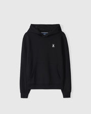 Introducing the KIDS LEVY FLEECE HOODIE - B0H859D200 by Psycho Bunny: a regular fit black hoodie made from 100% cotton. It features a small white embroidered logo on the left chest, complemented by ribbed cuffs and a convenient front pocket, beautifully presented against a plain white background.