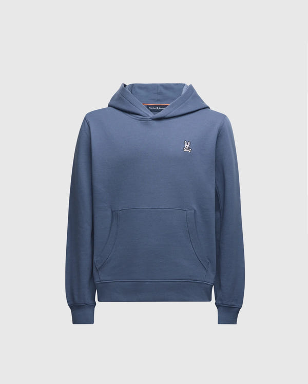 The KIDS LEVY ESSENTIAL FLEECE HOODIE - B0H859D200 by Psycho Bunny in blue features a kangaroo pocket and a small embroidered rabbit logo on the left chest. Crafted from 100% cotton, its plain white base accentuates its timeless style.