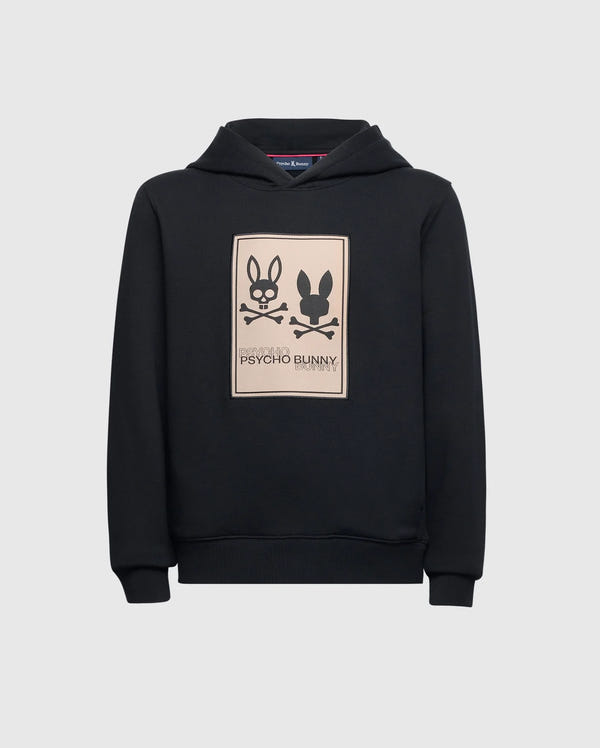The Kids Monroe Twill Patch Fleece Hoodie, by Psycho Bunny (B0H926D200), features a cozy French terry fabric with a beige rectangular logo appliqué displaying two stylized bunny logos and the "Psycho Bunny" text on the front.