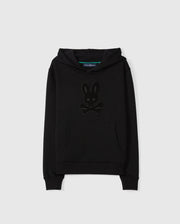 Introducing the KIDS PACIFIC CHENILLE HOODIE - B0H930D200 by Psycho Bunny, a black pullover hoodie made from soft French terry. It features a front pocket and hood with a distinctive dark-toned logo design resembling a bunny head with crossbones underneath, stunningly contrasted against a plain white background.