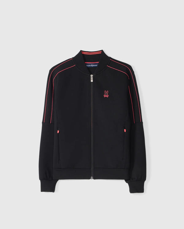 The KIDS TRAVIS TRACK JACKET - B0J142D200 by Psycho Bunny is a black regular-fit jacket featuring striking red piping along the sleeves and shoulders. This high-quality cotton-blend piece includes a distinct red embroidered rabbit logo on the left chest, two convenient pockets, and ribbed cuffs and hem, all displayed against a plain white background.