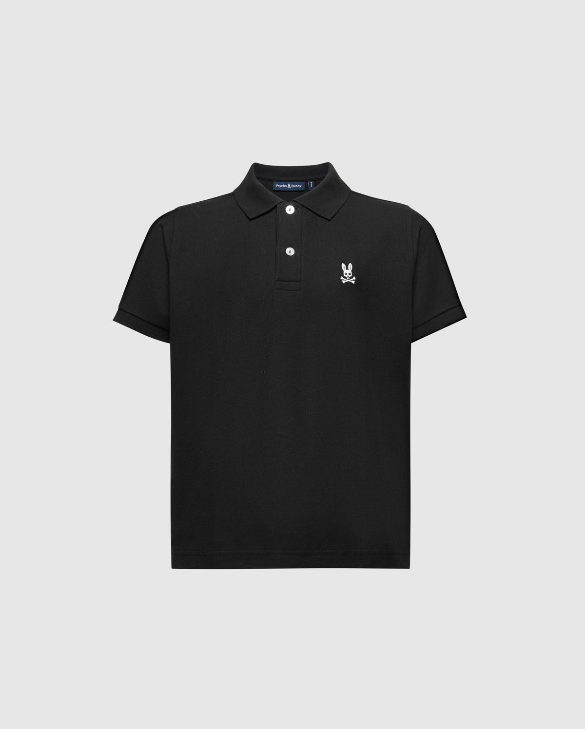 Psycho Bunny's KIDS CLASSIC PIQUE POLO SHIRT - B0K001CRPC is perfect for back-to-school. This black polo features a small white embroidered logo of a seated rabbit holding a fork on the left chest, collared neckline, short sleeves, and three buttons below the collar.