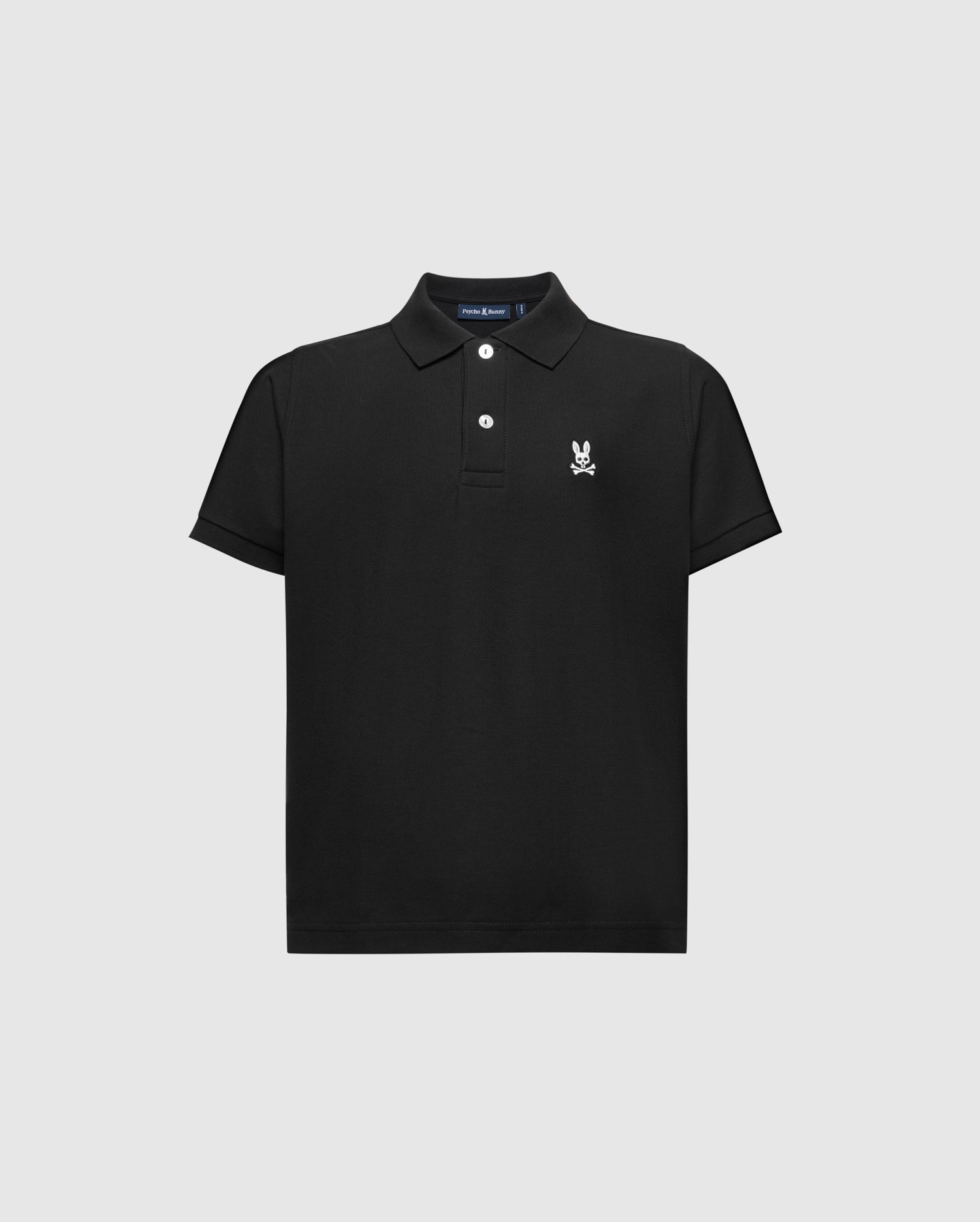 Psycho Bunny's KIDS CLASSIC PIQUE POLO SHIRT - B0K001CRPC is perfect for back-to-school. This black polo features a small white embroidered logo of a seated rabbit holding a fork on the left chest, collared neckline, short sleeves, and three buttons below the collar.