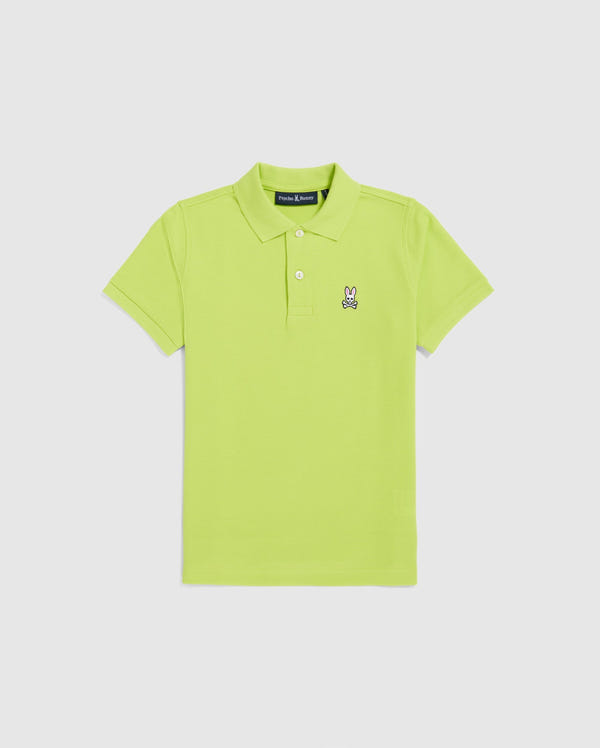 The Psycho Bunny KIDS CLASSIC POLO - B0K001CRPC is a regular fit, lime green piqué polo shirt with a collar and three buttons. Made from soft Pima cotton, it features an embroidered cartoon rabbit on the left chest against a plain white backdrop.