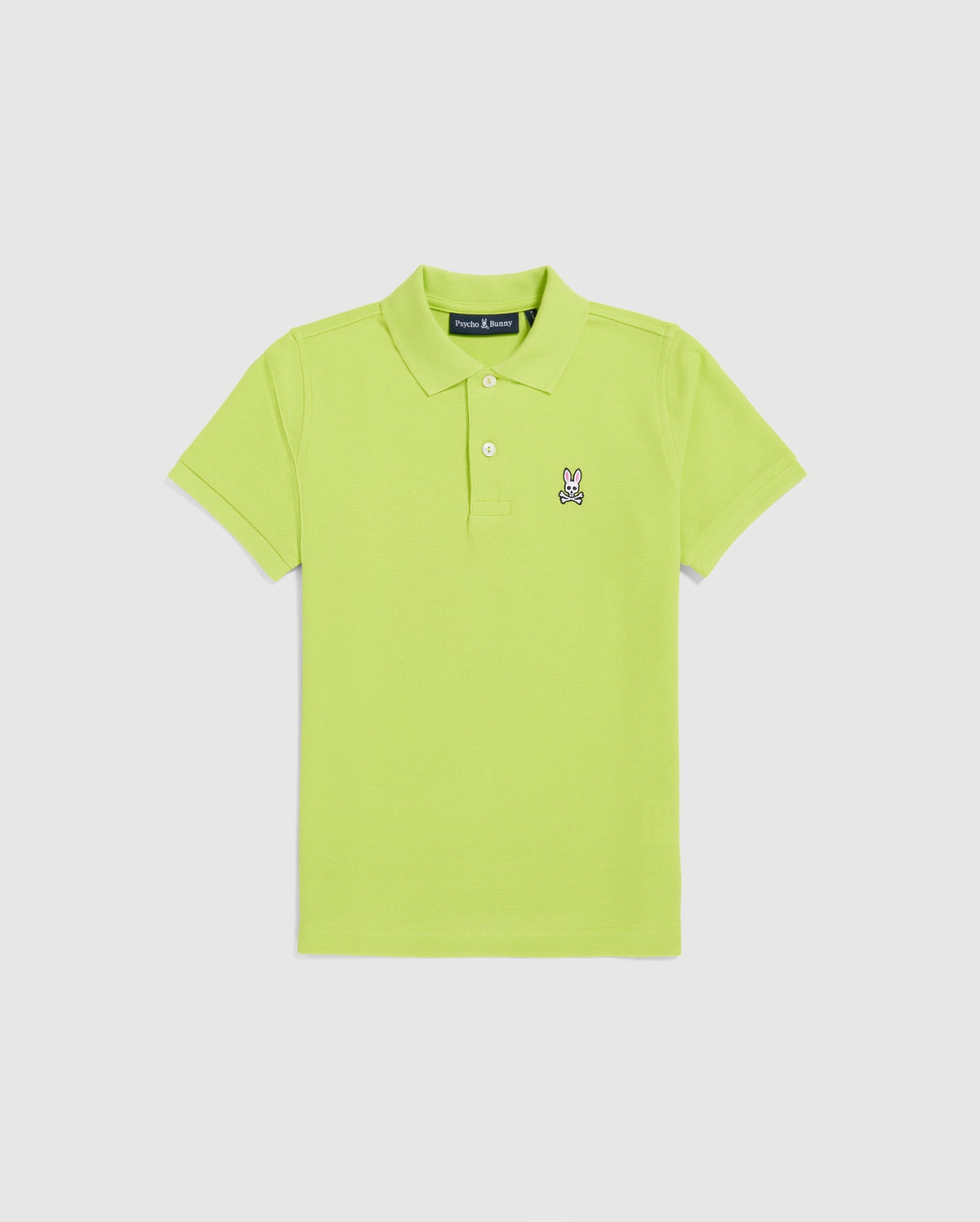 The Psycho Bunny KIDS CLASSIC POLO - B0K001CRPC is a regular fit, lime green piqué polo shirt with a collar and three buttons. Made from soft Pima cotton, it features an embroidered cartoon rabbit on the left chest against a plain white backdrop.