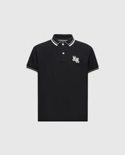 The Psycho Bunny KIDS ELLIOT PIQUE POLO (B0K505F200) features soft Pima cotton in black with a white-tipped collar and sleeves and an embroidered Bunny on the left chest.