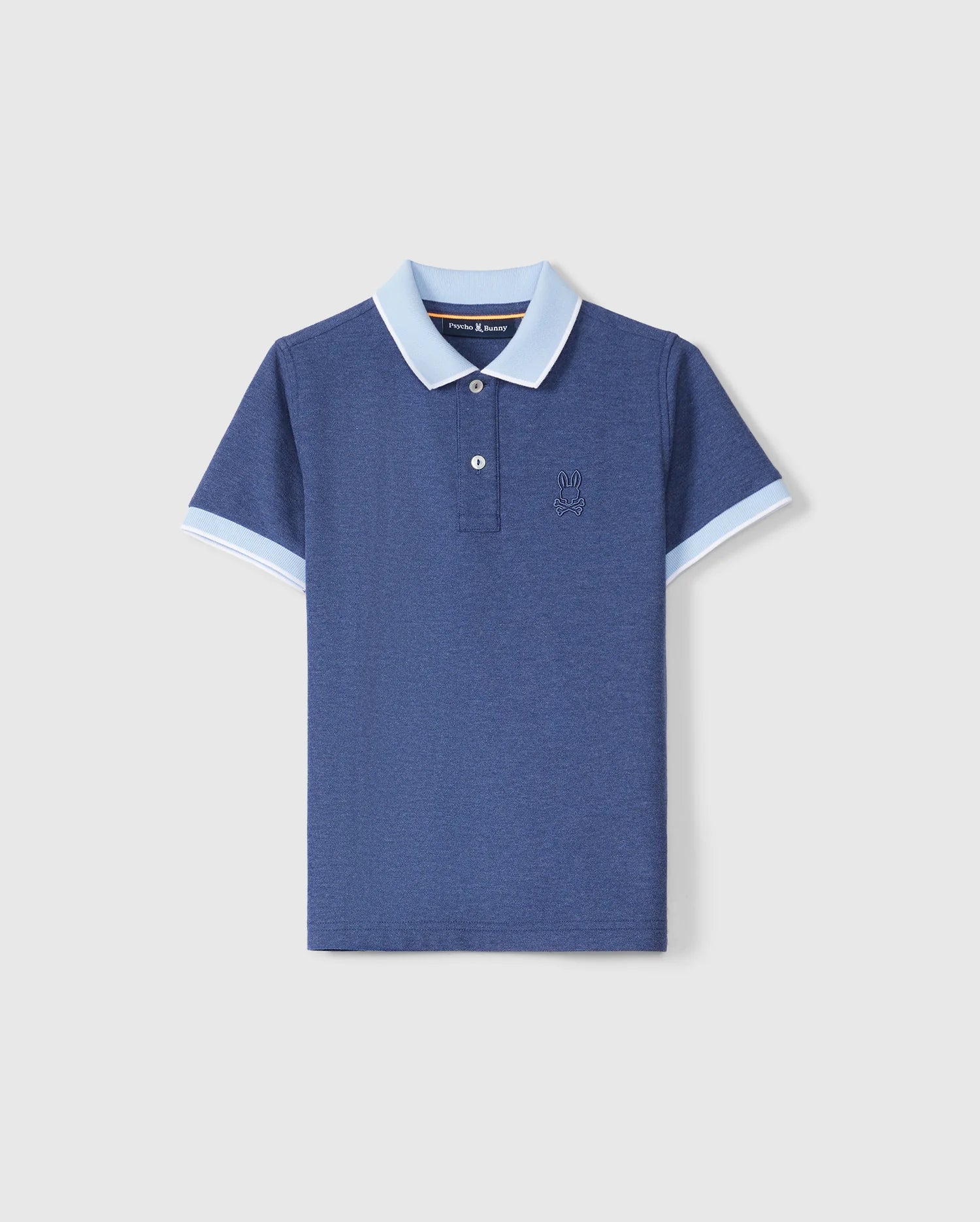 A Psycho Bunny KIDS WINDCREST PIQUE POLO SHIRT - B0K592C200 in navy blue with a light blue striped collar and sleeve edges. The shirt features a two-button placket and a small embroidered chest logo on the left side. The fabric appears to be knit, providing a neat and casual style. The shirt is laid flat against a light gray background.