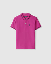 The KIDS RIVIERA PIQUE POLO SHIRT - B0K640C200 by Psycho Bunny is made from luxurious Pima cotton piqué, showcasing a vibrant magenta color with short sleeves. It features an embroidered chest logo of a playful bunny that contrasts with the dark design. The stylish look is completed with matching striped trim on the collar and cuffs.
