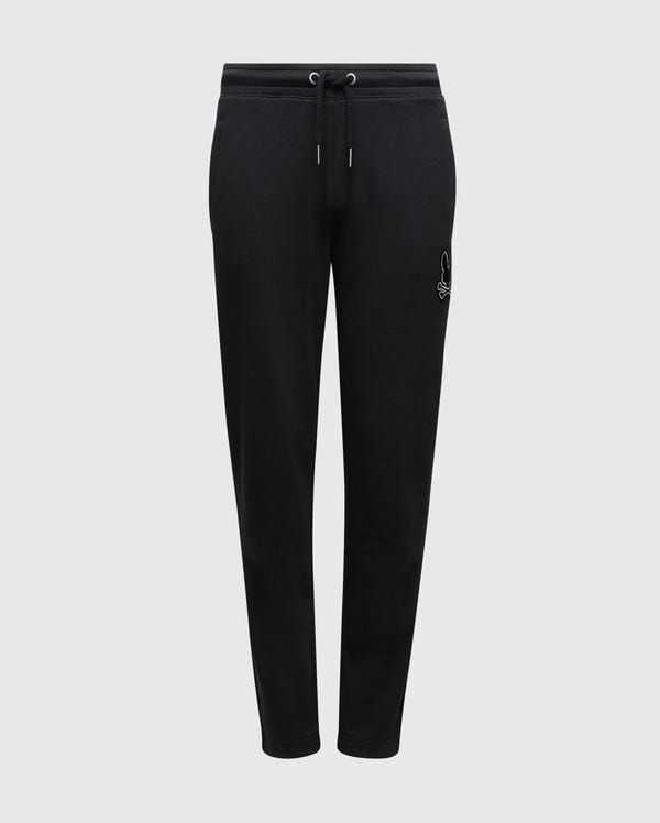 Introducing the Psycho Bunny KIDS ALEXANDER SWEATPANT - B0P155E200, crafted from a black cotton blend material. These joggers feature an elastic waistband with a drawstring for added comfort, and display a subtle white embroidered logo on the left thigh. Equipped with front pockets, these cozy sweatpants are presented against a plain white background.