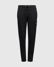 Introducing the Psycho Bunny KIDS ALEXANDER SWEATPANT - B0P155E200, crafted from a black cotton blend material. These joggers feature an elastic waistband with a drawstring for added comfort, and display a subtle white embroidered logo on the left thigh. Equipped with front pockets, these cozy sweatpants are presented against a plain white background.