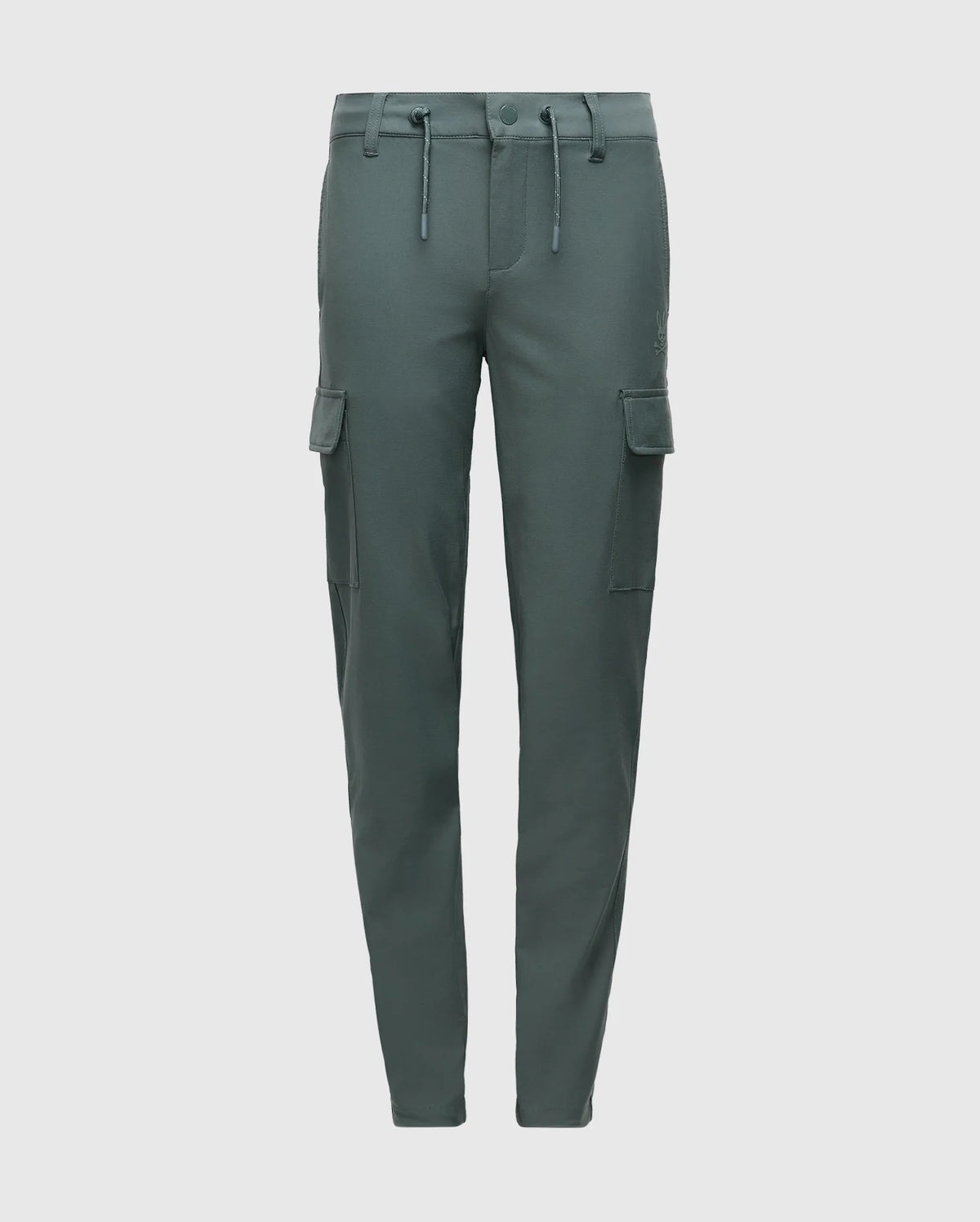The Psycho Bunny KIDS GREEN VALLEY CARGO PANT - B0P199E200 is designed with a drawstring waist and button closure, providing a stylish and functional fit. These trendy trousers feature two large side pockets and one back pocket, offering convenience without compromising on their sleek slim silhouette. Perfectly showcased against a white background, these pants are an ideal addition to any young adventurer's wardrobe.