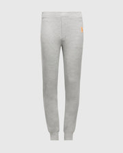 Psycho Bunny's KIDS VAL WAFFLE PANT (B0P673E200) in gray, made from soft Pima cotton and designed with elastic waistband and cuffs. These pants are adorned with a small orange embroidered logo on the upper left side, ideal for stylish lounging. The backdrop is a plain white setting.