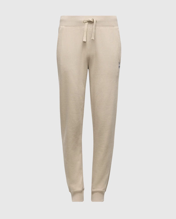 The KIDS LEVY ESSENTIAL FLEECE SWEATPANT - B0P721D200 from Psycho Bunny features a drawstring waistband and cuffed ankles. Crafted from soft material for casual wear, these sweatpants showcase a minimalist design with a logo on the left thigh. Perfect for those seeking comfort, these cotton joggers blend style and ease effortlessly.