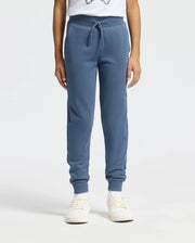 A person sporting a relaxed and stylish look stands against a plain white background, showcasing the Psycho Bunny KIDS LEVY ESSENTIAL FLEECE SWEATPANT - B0P721D200 in blue, featuring an elastic waistband and drawstring. The outfit is finished with a crisp white shirt and coordinating sneakers for a clean and comfortable appearance.
