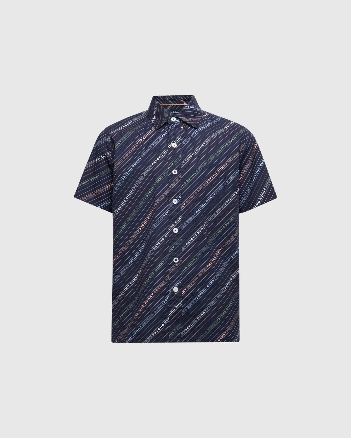 The KIDS RENMARK STRETCH POPLIN WOVEN SHIRT - B0Q629F200 by Psycho Bunny showcases a dark blue base with white and pink diagonal stripes, crafted from premium stretch poplin for unmatched comfort and style, all against a plain light gray backdrop.