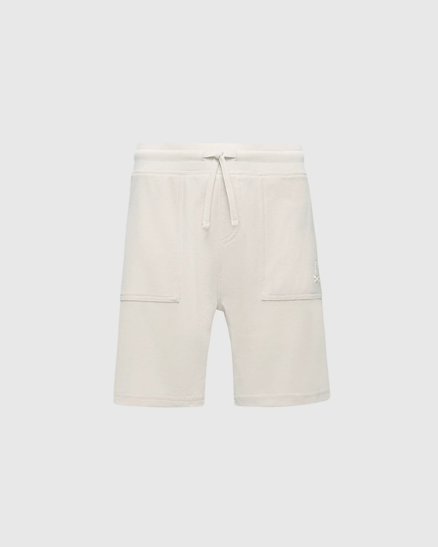 The KIDS TAYLOR LIGHT PIQUE SWEATSHORT by Psycho Bunny features white fleece with an adjustable drawstring, two large front pockets, and soft Pima cotton for comfort. A playful embroidered Bunny stands out against the light gray background, perfect for casual-chic style.