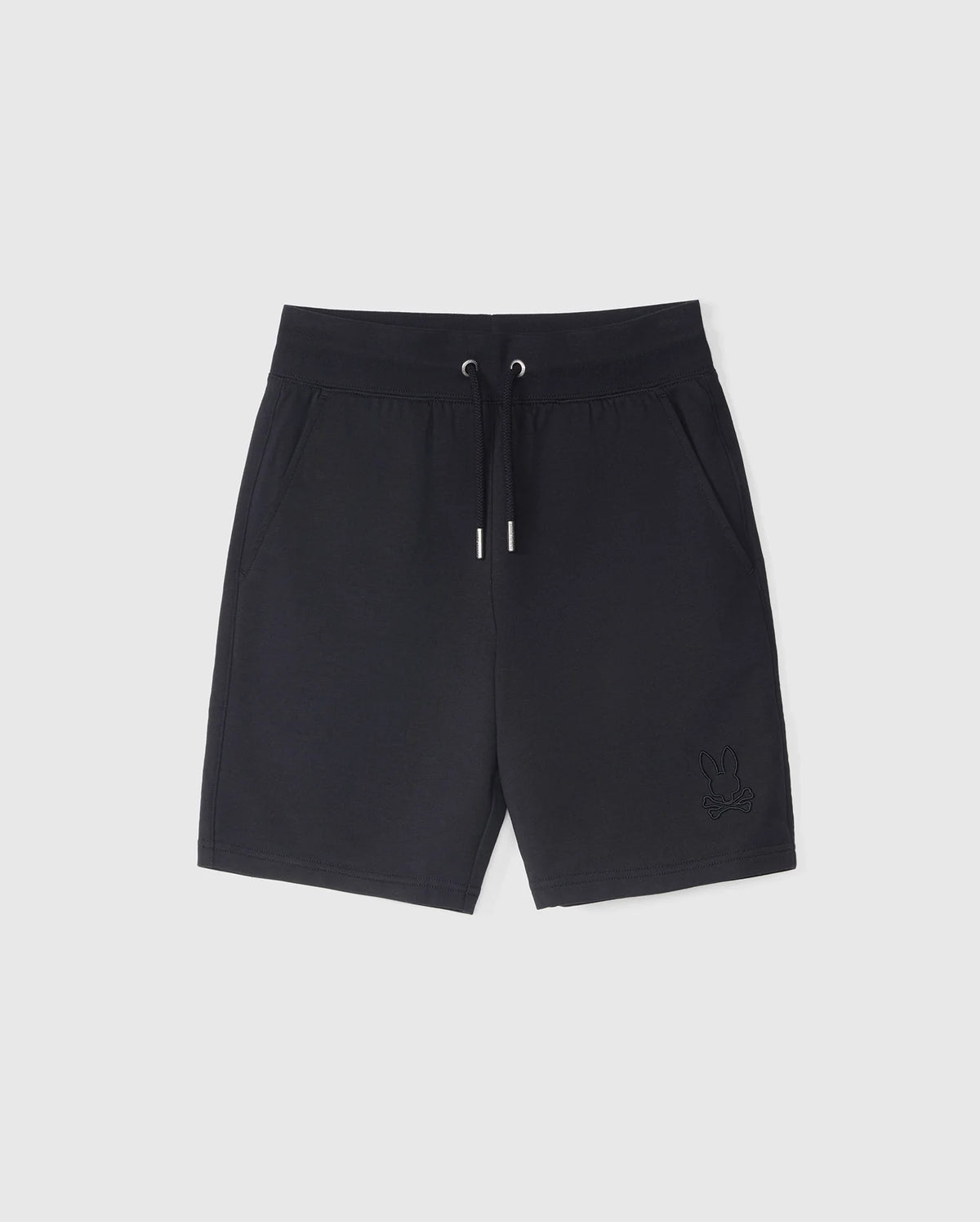 Black KIDS LIVINGSTON TERRY SWEATSHORT - B0R408B200 by Psycho Bunny with side pockets and a small embroidered bunny logo at the bottom left corner, placed against a plain white background.