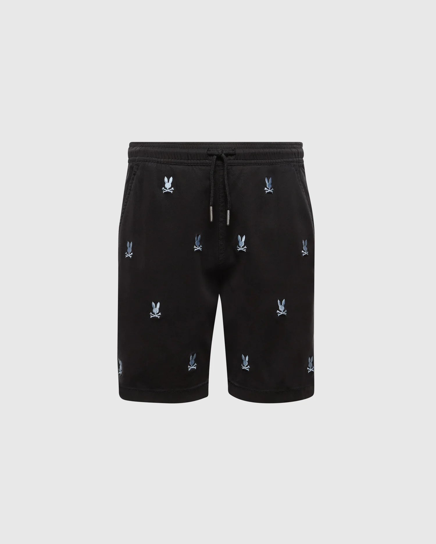 The Psycho Bunny KIDS ALL OVER WILLIS STRETCH TENCEL SHORT (B0R559F200) is a pair of black shorts featuring a drawstring waistband, regular fit, light blue embroidered bunny pattern, and side pockets. Made from comfortable Stretch Tencel™, these shorts are shown against a plain gray background.