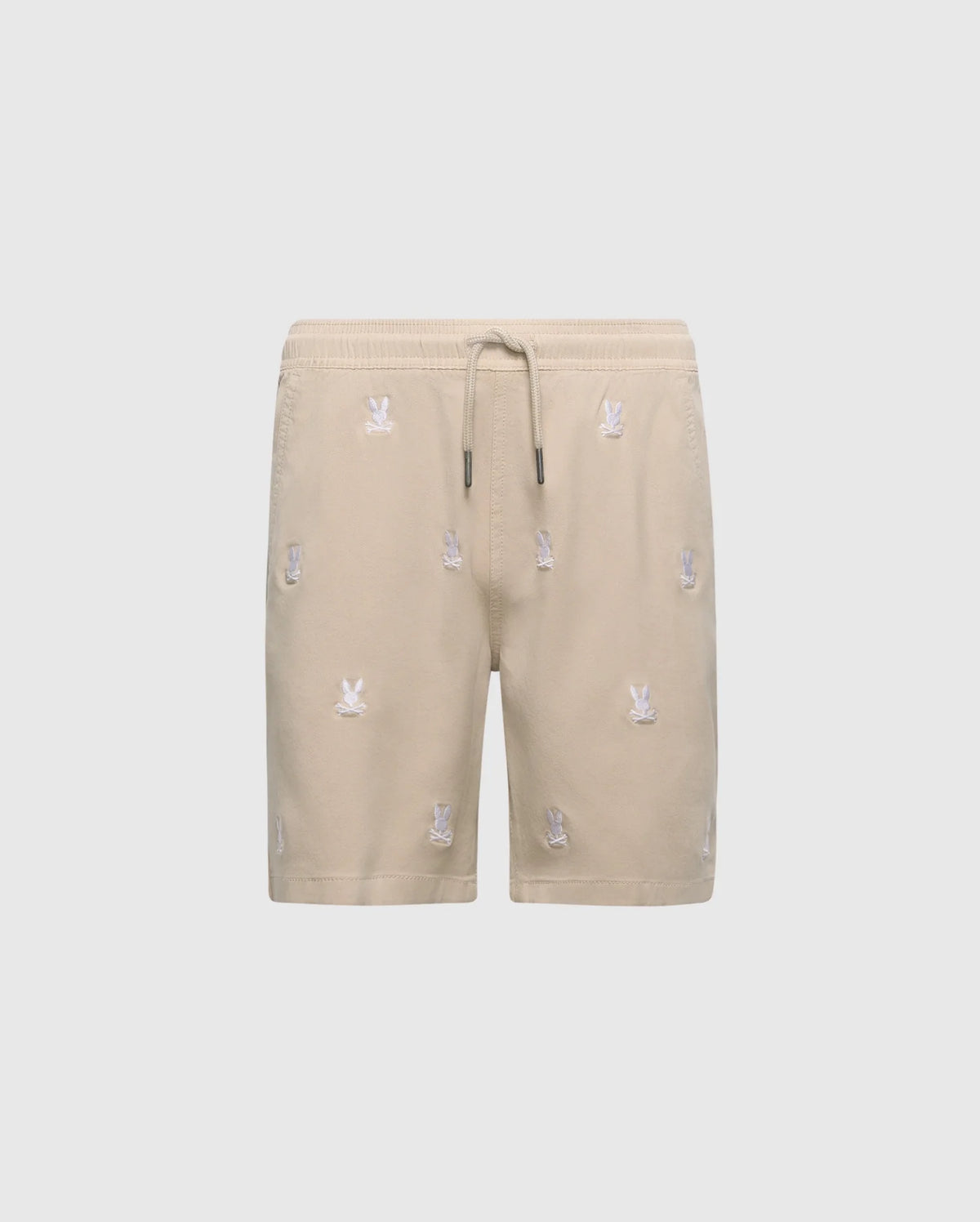 Psycho Bunny's KIDS ALL OVER WILLIS STRETCH TENCEL SHORT in beige features an elastic waist and embroidered bunny patterns across light gray fabric. (Product Code: B0R559F200).