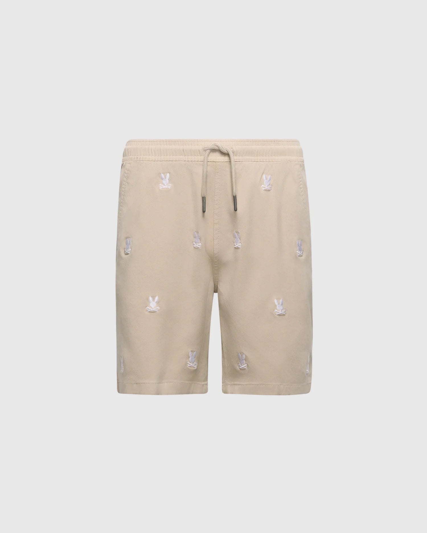 Psycho Bunny's KIDS ALL OVER WILLIS STRETCH TENCEL SHORT in beige features an elastic waist and embroidered bunny patterns across light gray fabric. (Product Code: B0R559F200).