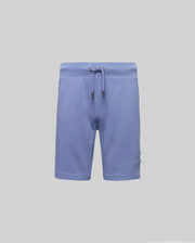 The KIDS LEVANZO FRENCH TERRY SWEATSHORT by Psycho Bunny features light blue micro French terry, metal-tipped drawcords, an elastic waistband, and a subtle embroidered Bunny logo on the lower left leg. Displayed on a plain light gray background.
