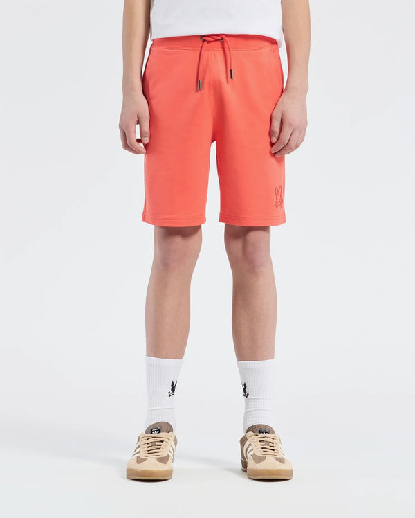 Teen | Kids' Levanzo French Terry Sweatshort in hot coral by Psycho Bunny, featuring a comfortable fit, soft fabric, and embroidered logo for a casual, stylish look.