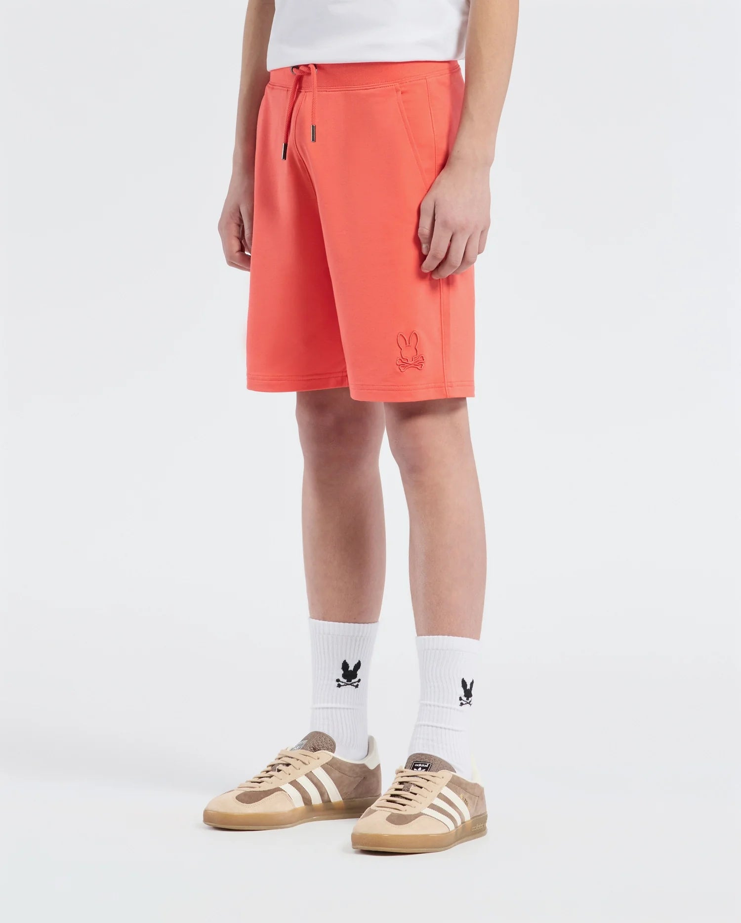 Teen | Kids' Levanzo French Terry Sweatshort in hot coral by Psycho Bunny, featuring a comfortable fit, soft fabric, and embroidered logo for a casual, stylish look.