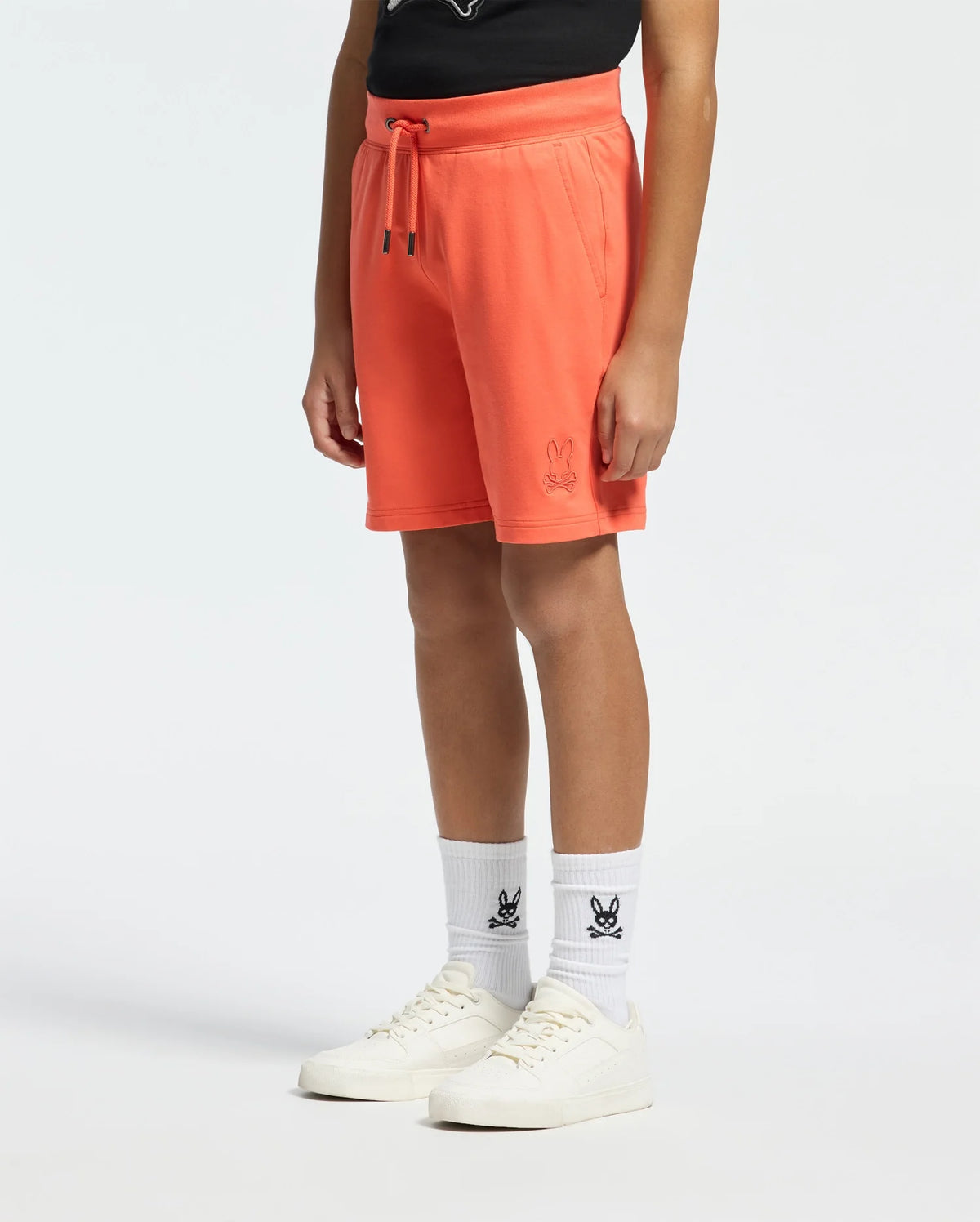 Kids | Kids' Levanzo French Terry Sweatshort in hot coral by Psycho Bunny, featuring a comfortable fit, soft fabric, and embroidered logo for a casual, stylish look.