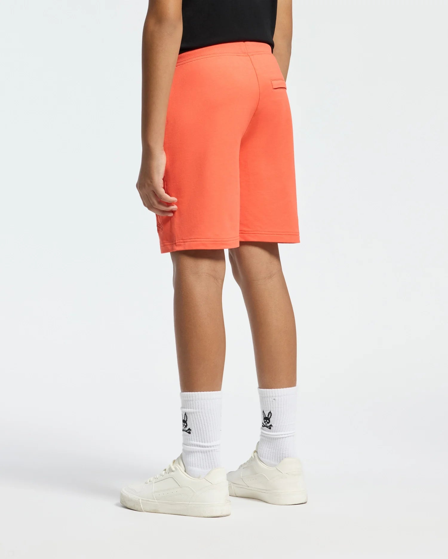 Kids | Kids' Levanzo French Terry Sweatshort in hot coral by Psycho Bunny, featuring a comfortable fit, soft fabric, and embroidered logo for a casual, stylish look.