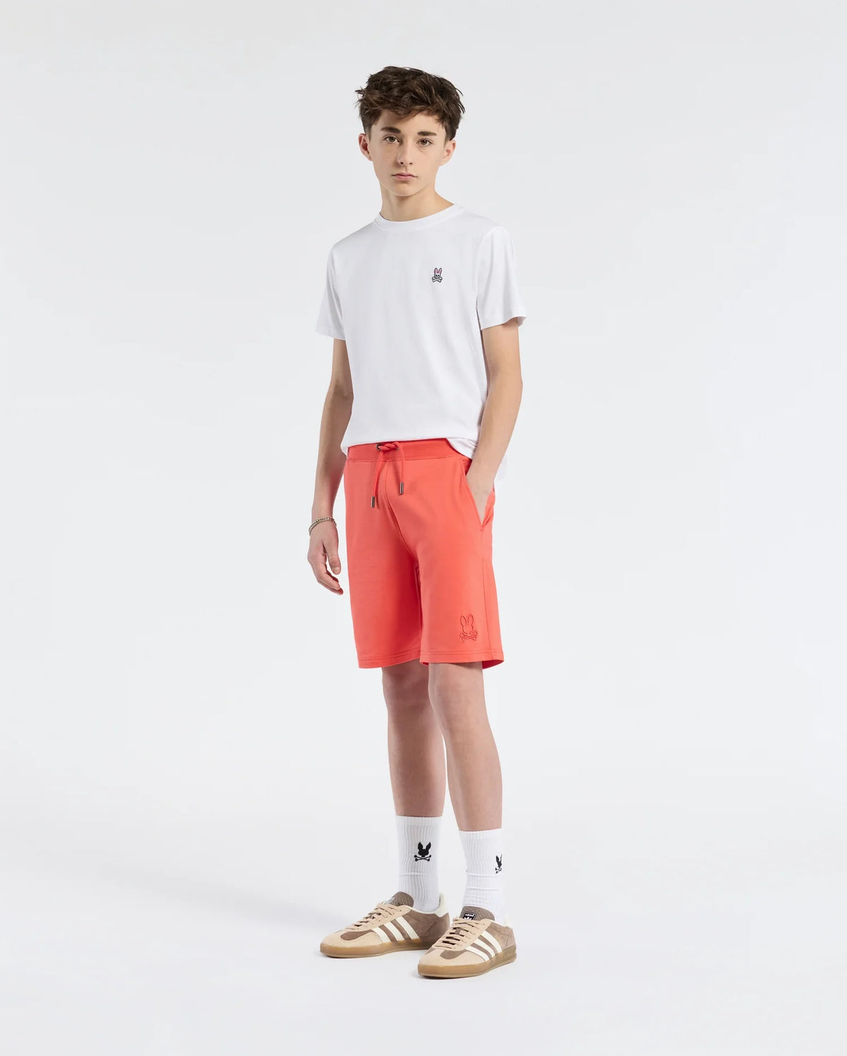 Teen | Kids' Levanzo French Terry Sweatshort in hot coral by Psycho Bunny, featuring a comfortable fit, soft fabric, and embroidered logo for a casual, stylish look.