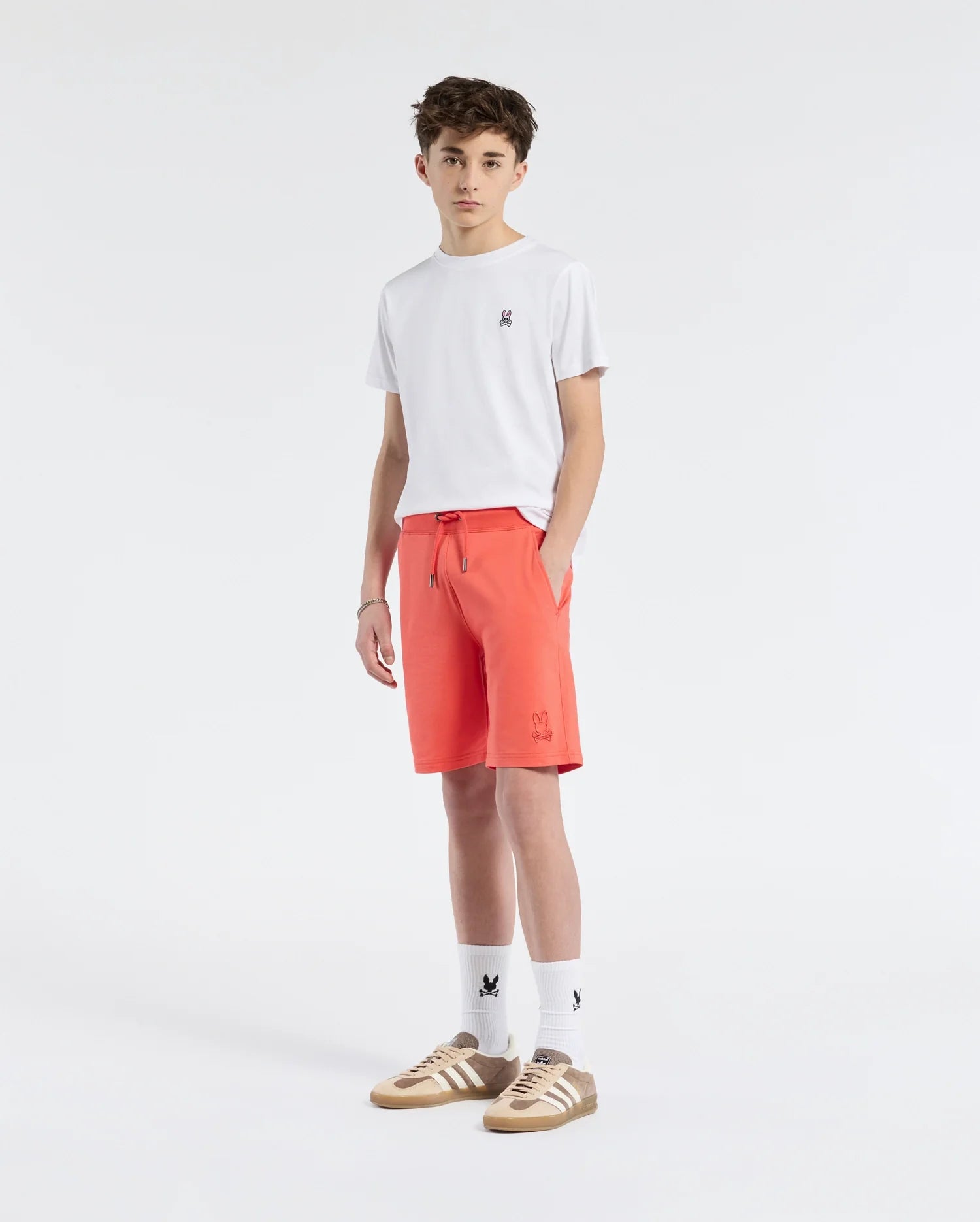 Teen | Kids' Levanzo French Terry Sweatshort in hot coral by Psycho Bunny, featuring a comfortable fit, soft fabric, and embroidered logo for a casual, stylish look.