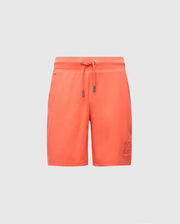 Psycho Bunny's KIDS LEVANZO FRENCH TERRY SWEATSHORT, model B0R578F200, features an orange hue with a drawstring waist and an embroidered logo on the left leg. Crafted from micro French terry, they offer a simple, casual design against a plain gray background.