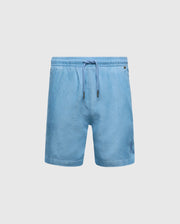 The Psycho Bunny KIDS KERVIN LIGHTWEIGHT DENIM WOVEN SHORT (B0R633F200) in light blue wash features an elasticized waist with drawstring, relaxed fit, and two side pockets. They are displayed against a white background, perfect for everyday wear with casual charm.