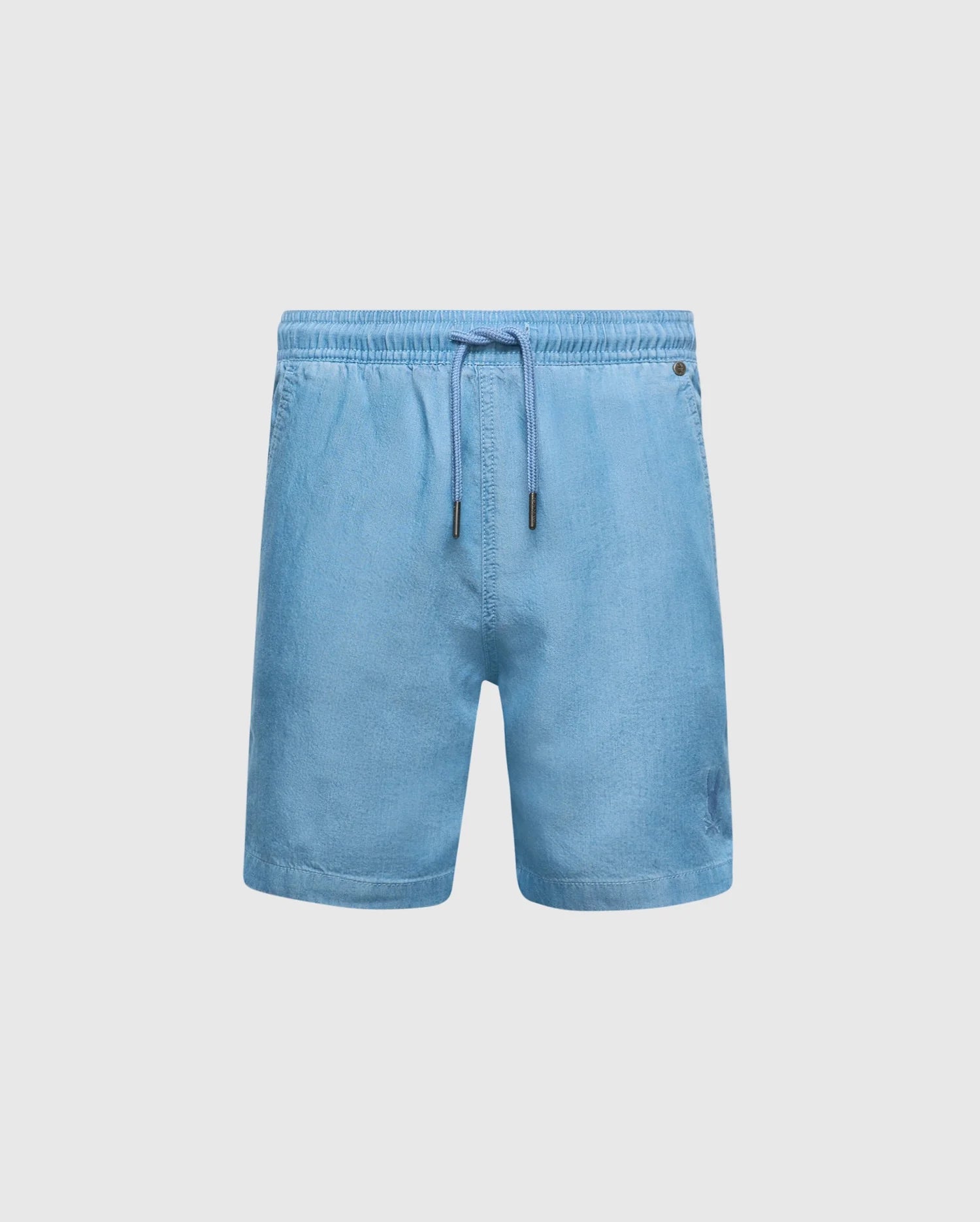 The Psycho Bunny KIDS KERVIN LIGHTWEIGHT DENIM WOVEN SHORT (B0R633F200) in light blue wash features an elasticized waist with drawstring, relaxed fit, and two side pockets. They are displayed against a white background, perfect for everyday wear with casual charm.