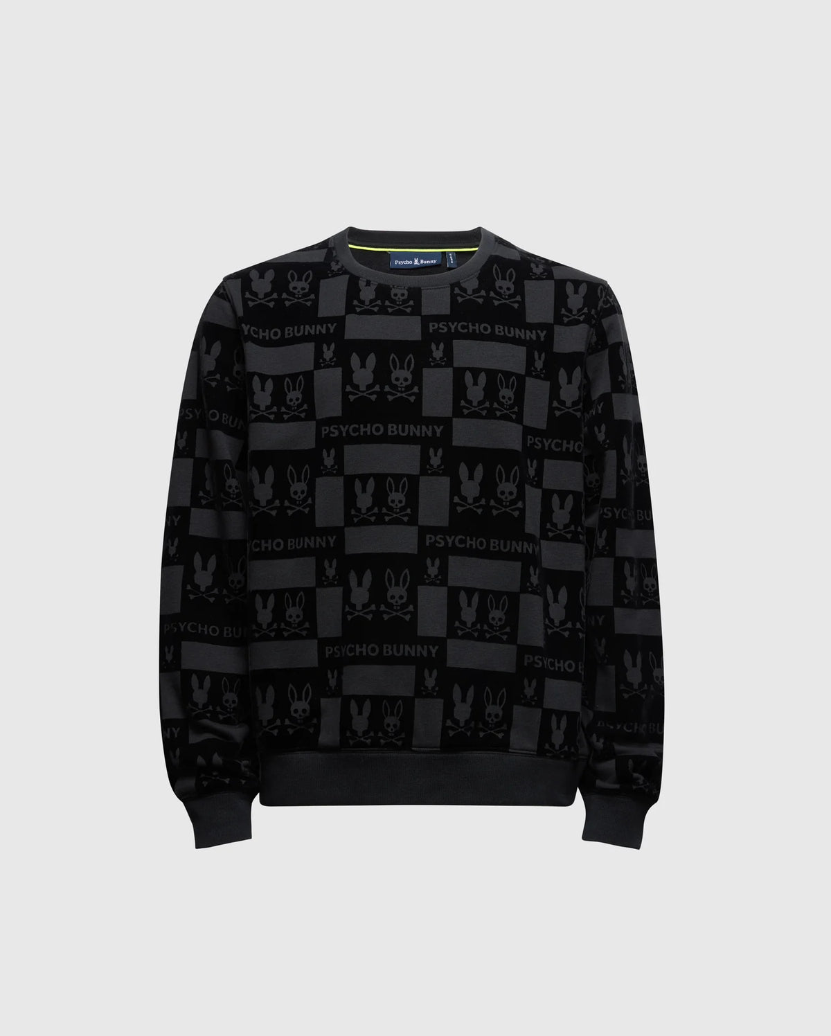 A black KIDS ROMEO LIGHTWEIGHT SWEATSHIRT - B0S129E200 by Psycho Bunny, showcasing a bunny-patterned design with "Psycho Bunny" text and logos in dark grey squares, all enhanced by a velvet finish. The balanced pattern is evenly distributed across the entire garment.