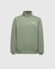 The Psycho Bunny KIDS DESERT 1/4 MOCK ZIP - B0S488F200 is a green, 100% cotton quarter-zip sweatshirt from the Desert line, featuring a stand collar and a small logo on the left chest.