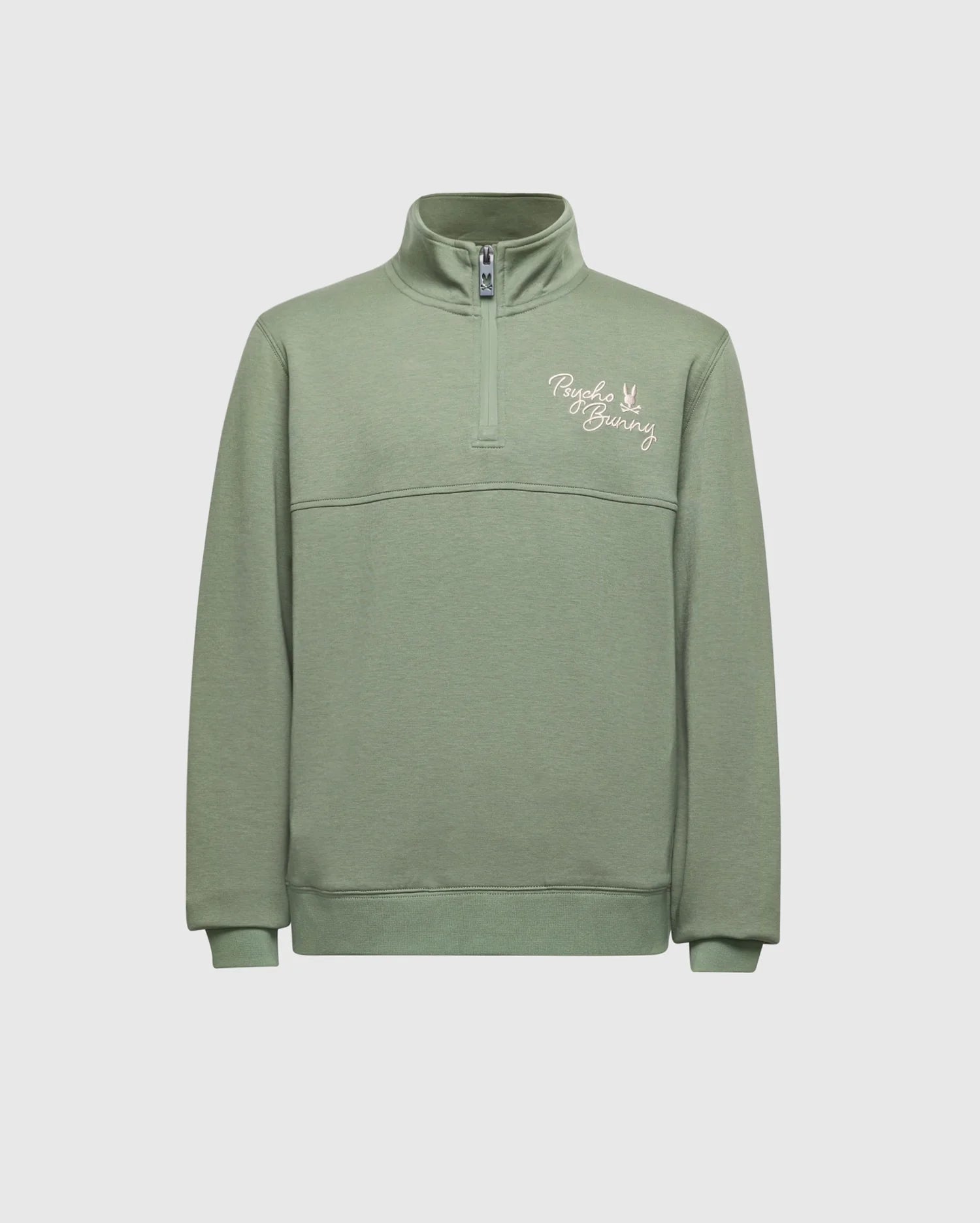 The Psycho Bunny KIDS DESERT 1/4 MOCK ZIP - B0S488F200 is a green, 100% cotton quarter-zip sweatshirt from the Desert line, featuring a stand collar and a small logo on the left chest.