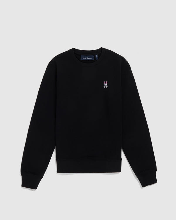 A black Psycho Bunny French terry sweatshirt displayed against a white background, featuring a small embroidered bunny logo on the left chest area.