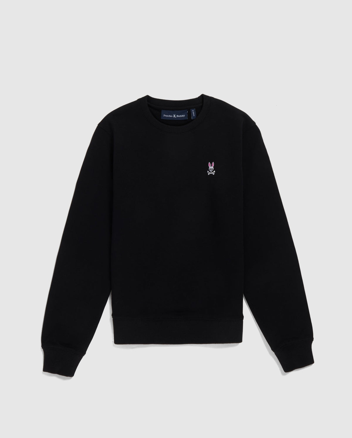 A black Psycho Bunny French terry sweatshirt displayed against a white background, featuring a small embroidered bunny logo on the left chest area.