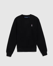 A black Psycho Bunny French terry sweatshirt displayed against a white background, featuring a small embroidered bunny logo on the left chest area.