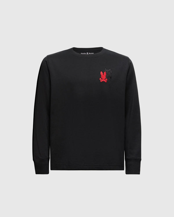 The Psycho Bunny KIDS PIERCE LONG SLEEVE BACK GRAPHIC TEE (B0T178E200) in black comes with a crew neck and features small red and black embroidered leaves on the upper left chest, offering a playful twist similar to an Embroidered Bunny Design.