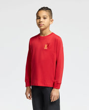 A young person stands facing forward against a plain background, wearing a red Psycho Bunny Kids' Pierce Long Sleeve Back Graphic Tee, featuring an embroidered bunny on the chest, and paired with black pants.