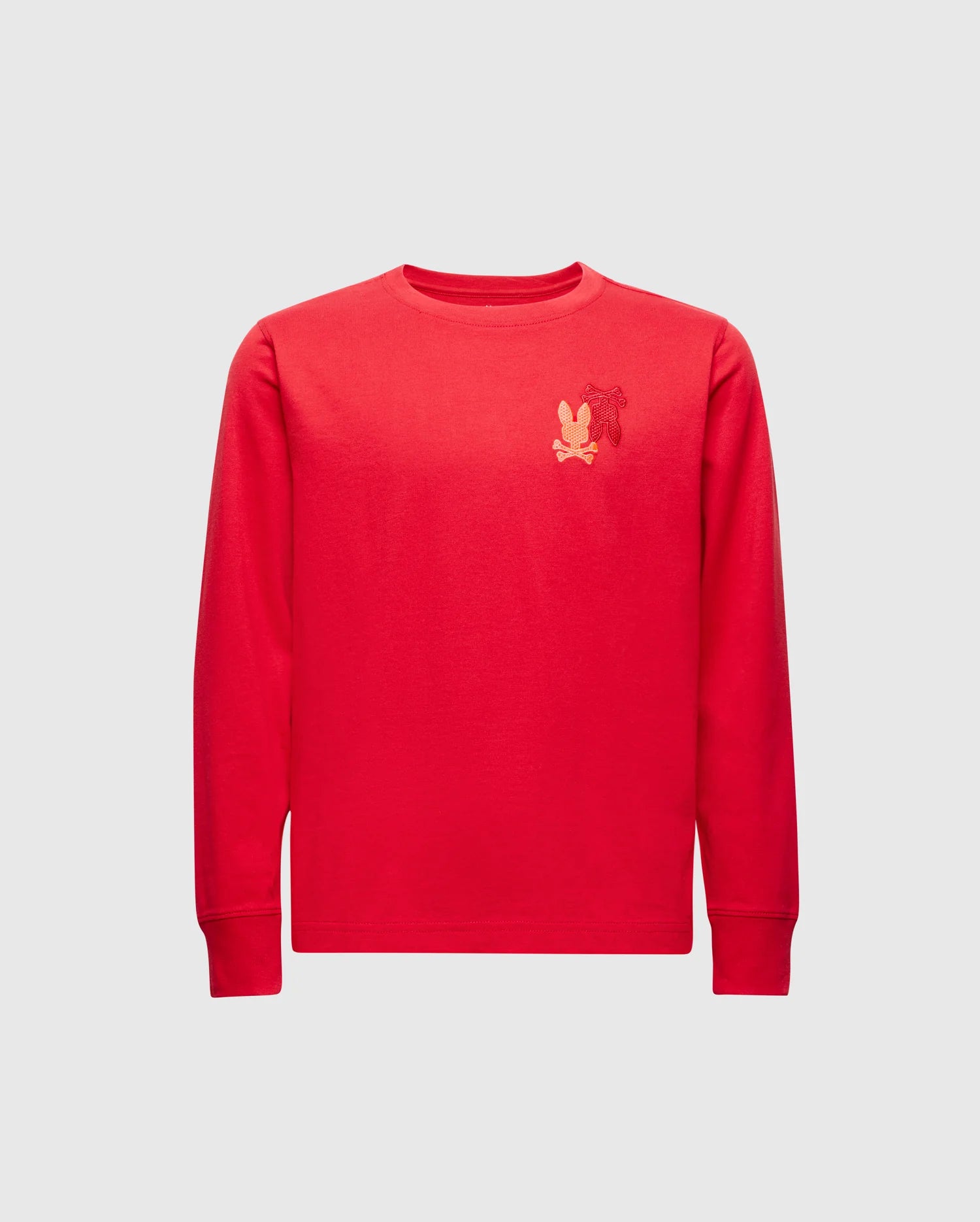 The KIDS PIERCE LONG SLEEVE BACK GRAPHIC TEE (B0T178E200) by Psycho Bunny is a vibrant red tee for kids, featuring an embroidered bunny design on the left chest. It's crafted from soft Pima cotton and set against a light gray backdrop.