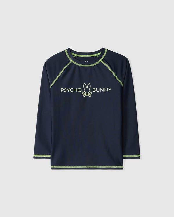 This navy kids' long-sleeve rash guard (B0T557C200) by Psycho Bunny features green trim and a central logo design. Crafted from quick-drying fabric, it offers UPF 50+ protection, ideal for sun-safe adventures.
